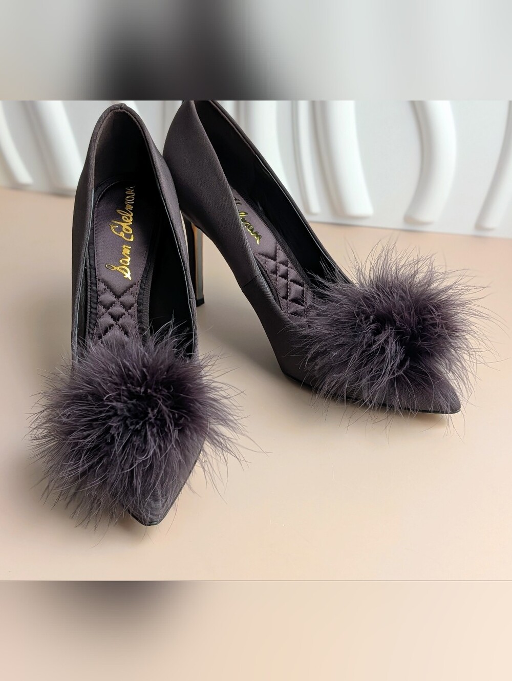NWT Sam Edelman Hazel Feather Embellished Pumps Cocoa Satin Size 8 MSRP $165 - Picture 3 of 14